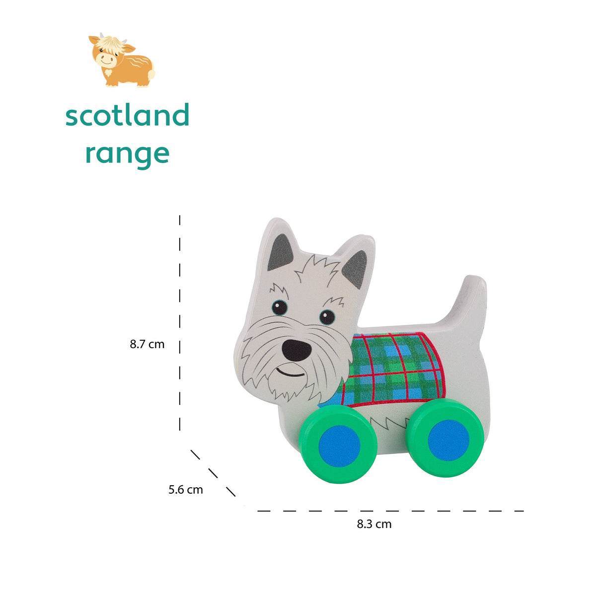Wooden Scottie dog push toy shown with its 8.3 by 5.6 by 8.7cm measurements