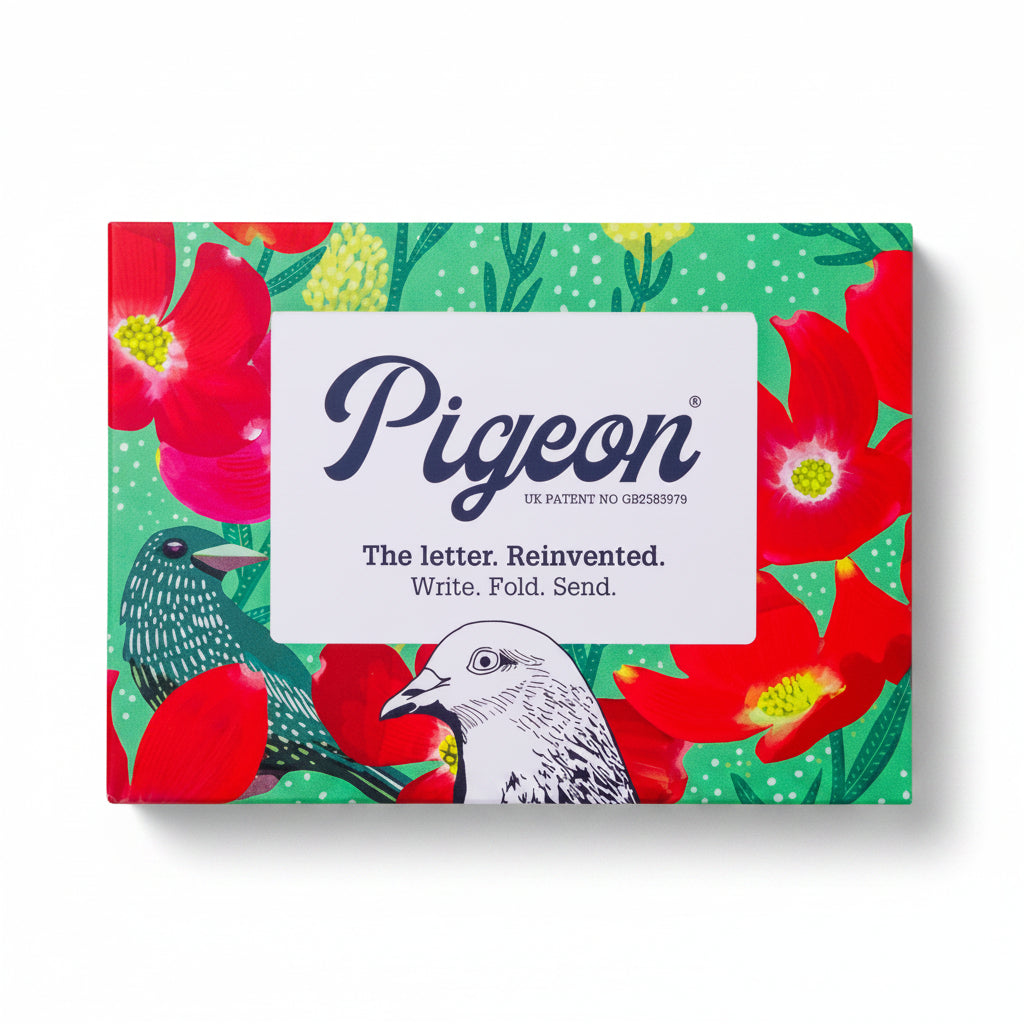 Dusk to Dawn Pigeons pack front with red poppy design on gradient background