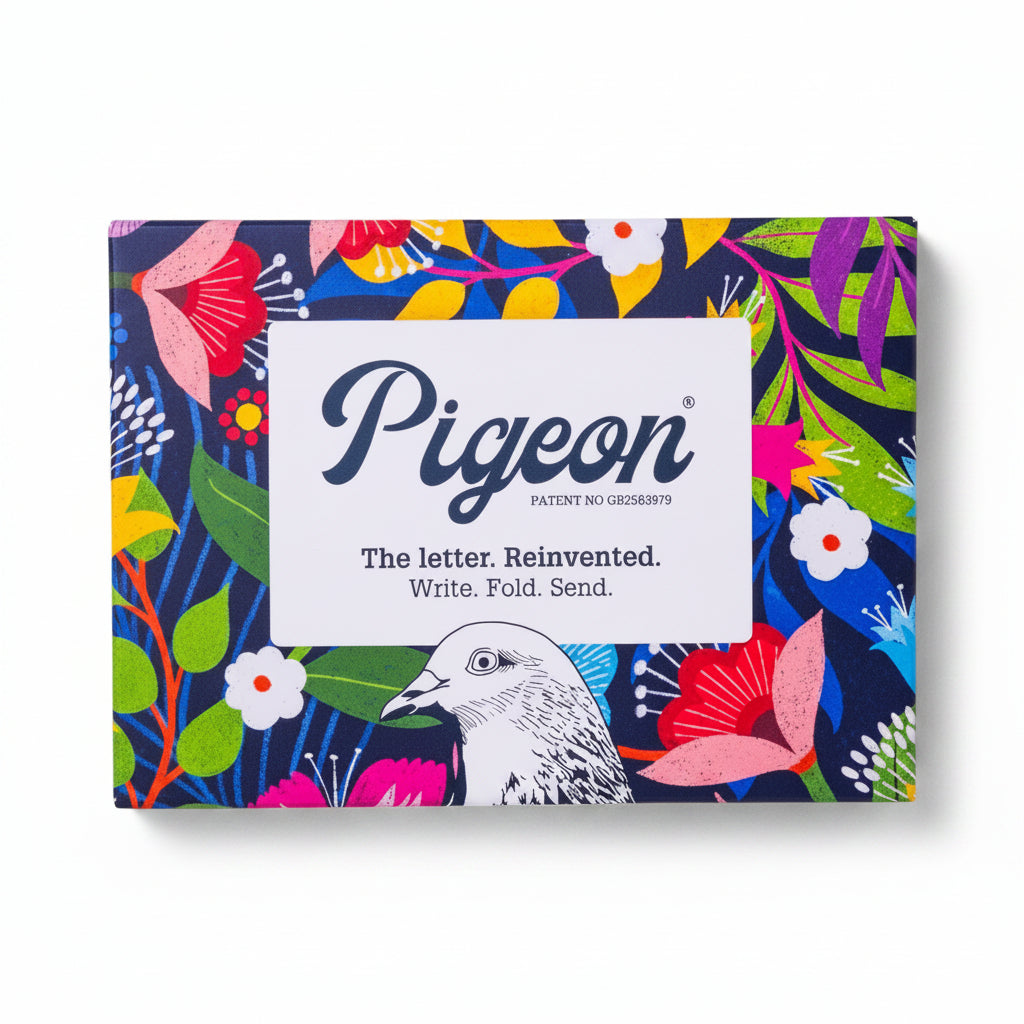 Floral Fantasia Pigeons pack front with tropical flowers on navy background