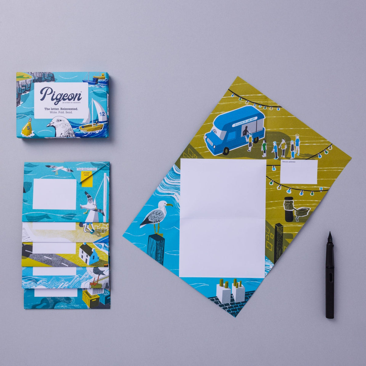 Pack and unfolded Pigeon showing coastal harbour design on lavender background