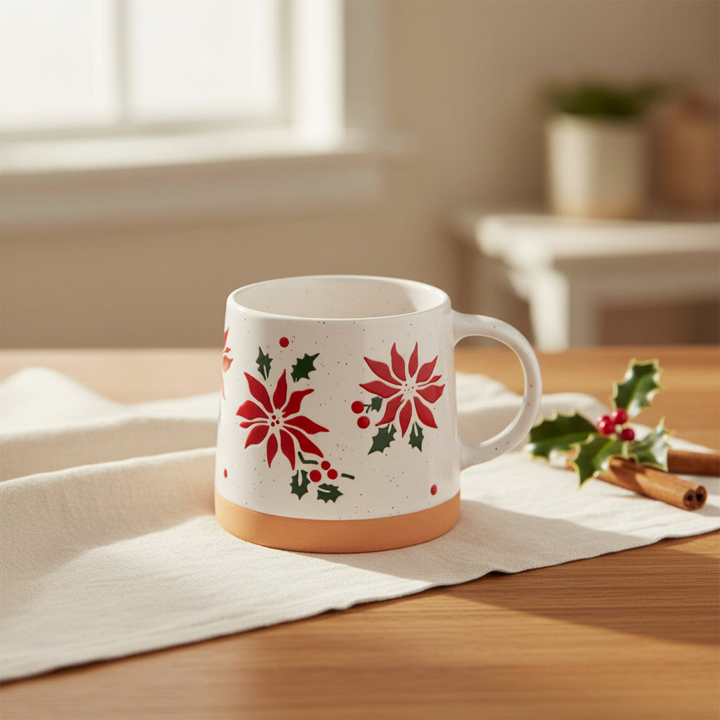 Side view of Poinsettia Tapered Stoneware Mug showing the curved handle and wraparound red poinsettia floral design on cream ceramic.