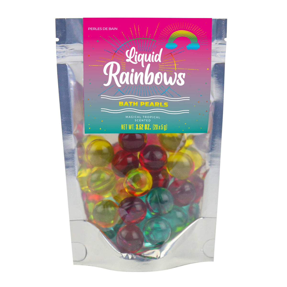 Rainbow Bath Pearls in colourful 20 pack pouch with tropical label.