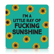 Teal square with sunflowers and text 'I'm a little ray of fucking sunshine' on a white background