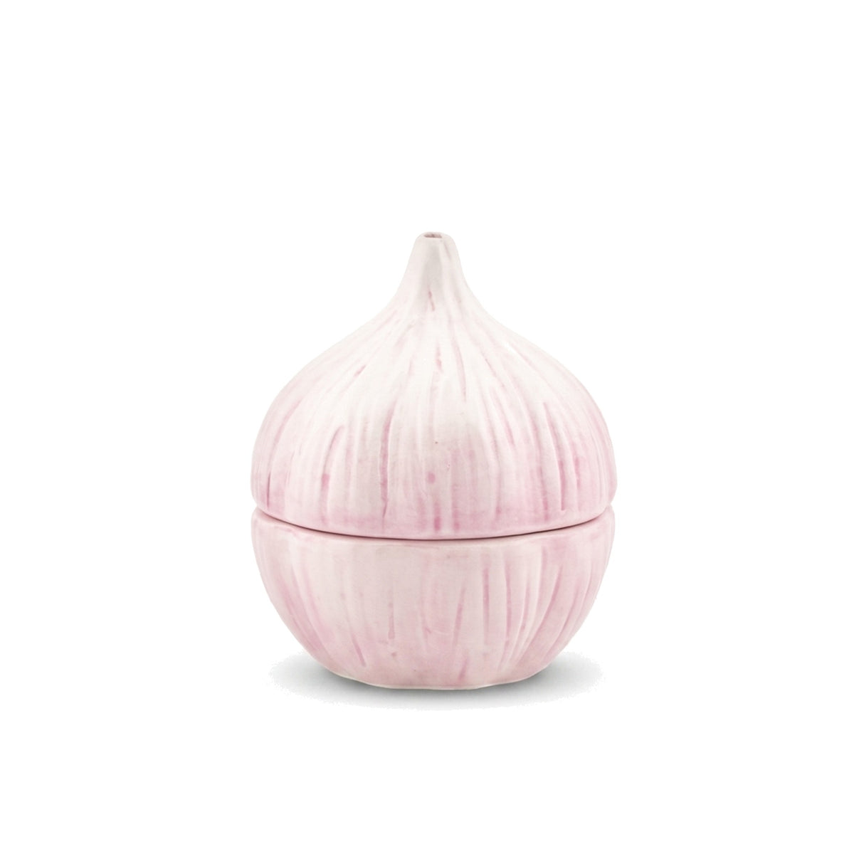 Garlic Salt and Pepper Shakers stacked as one bulb on a pure white background