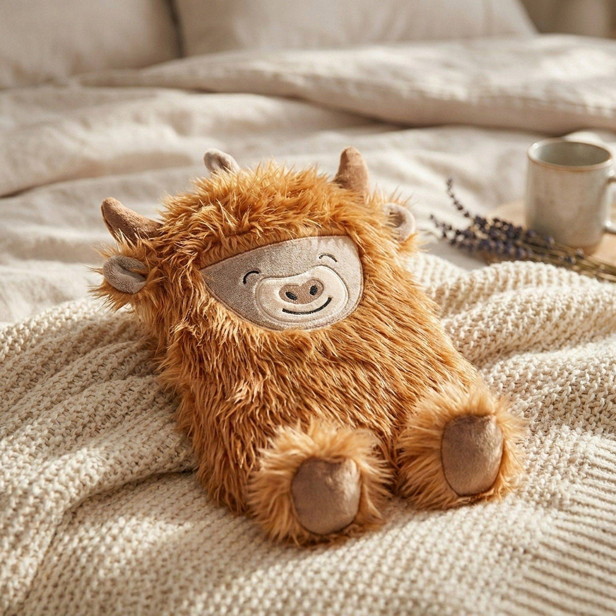Highland Cow Hot Water Bottle resting on a cream knitted throw
