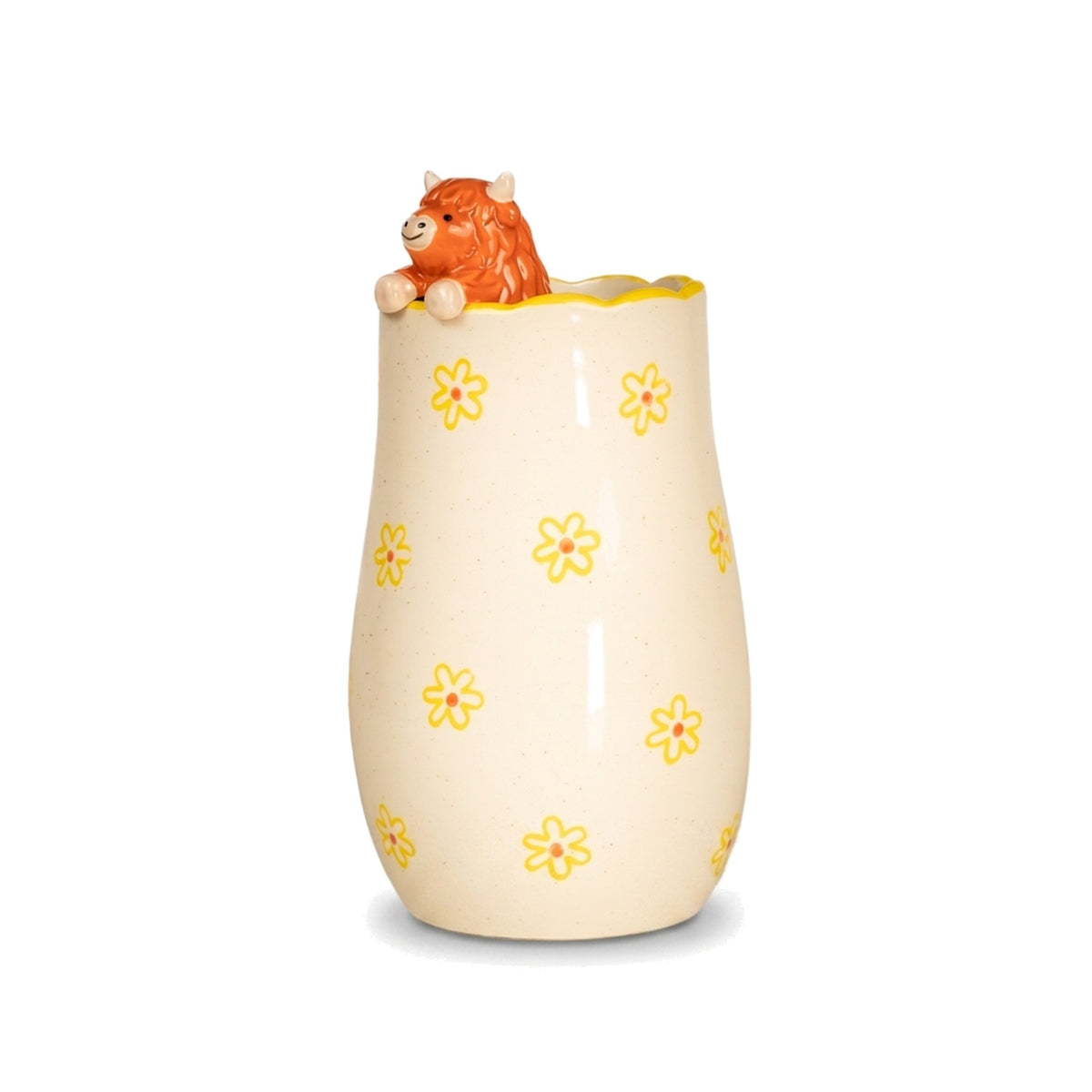 Peeking Highland Cow Vase with yellow daisy print on a pure white background