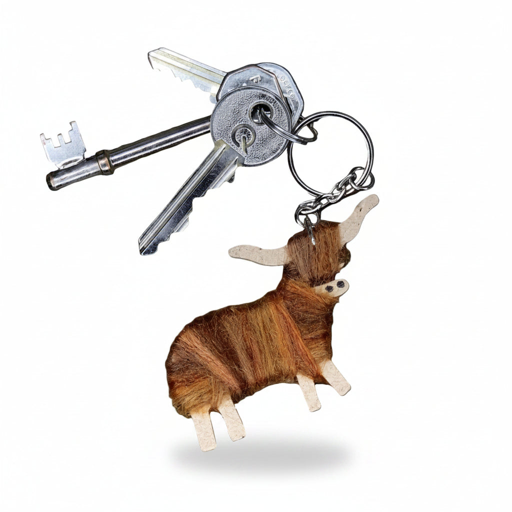 Brown Highland cow keyring, a small wooden coo hand-wrapped in brown mohair with a stainless steel key ring