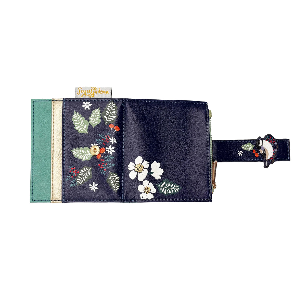 Bird purse open flat showing interior artwork