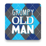 Blue and grey argyle coaster with Grumpy Old Man lettering