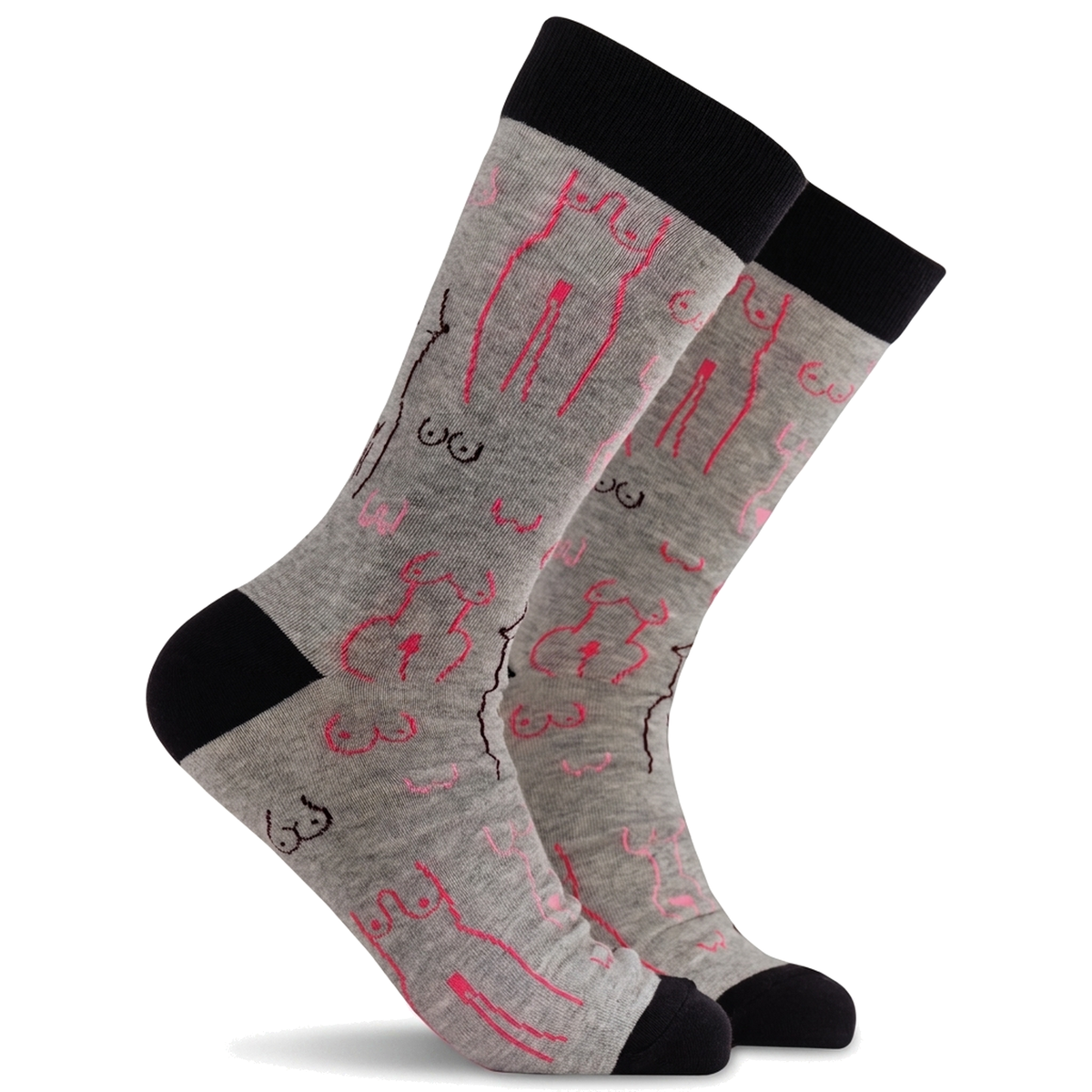Grey boob print socks on a pure white background