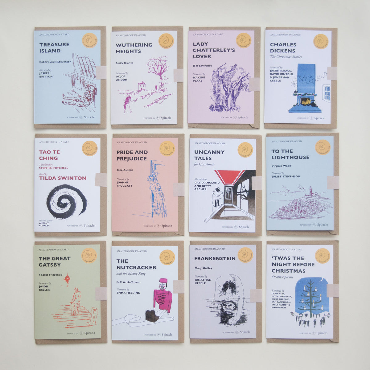 Several Spiracle Audiobook in a Card designs laid out together
