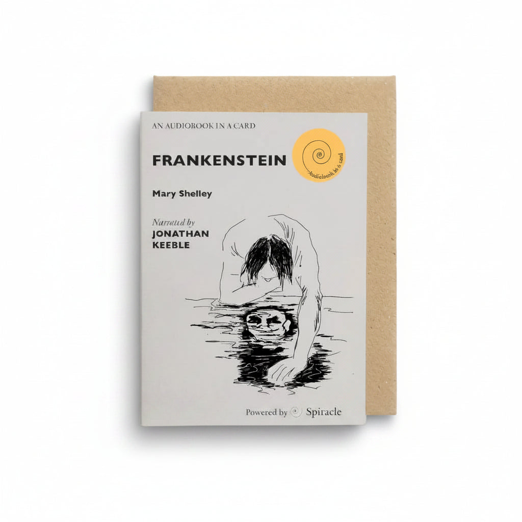 Frankenstein Audiobook in a Card, pale grey card with a black line drawing of the creature and kraft envelope