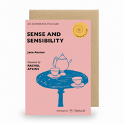 Sense and Sensibility Audiobook in a Card, pink card with a blue teapot illustration and kraft envelope