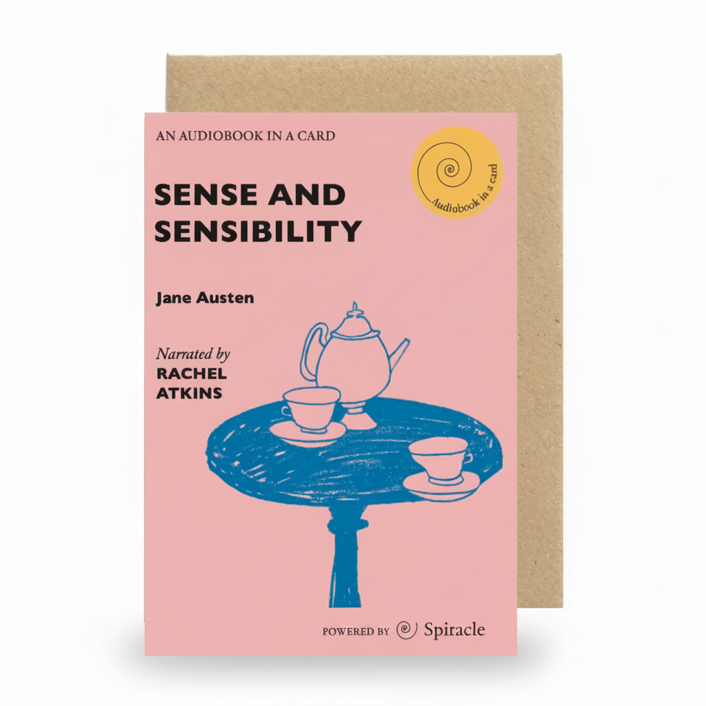 Sense and Sensibility Audiobook in a Card, pink card with a blue teapot illustration and kraft envelope