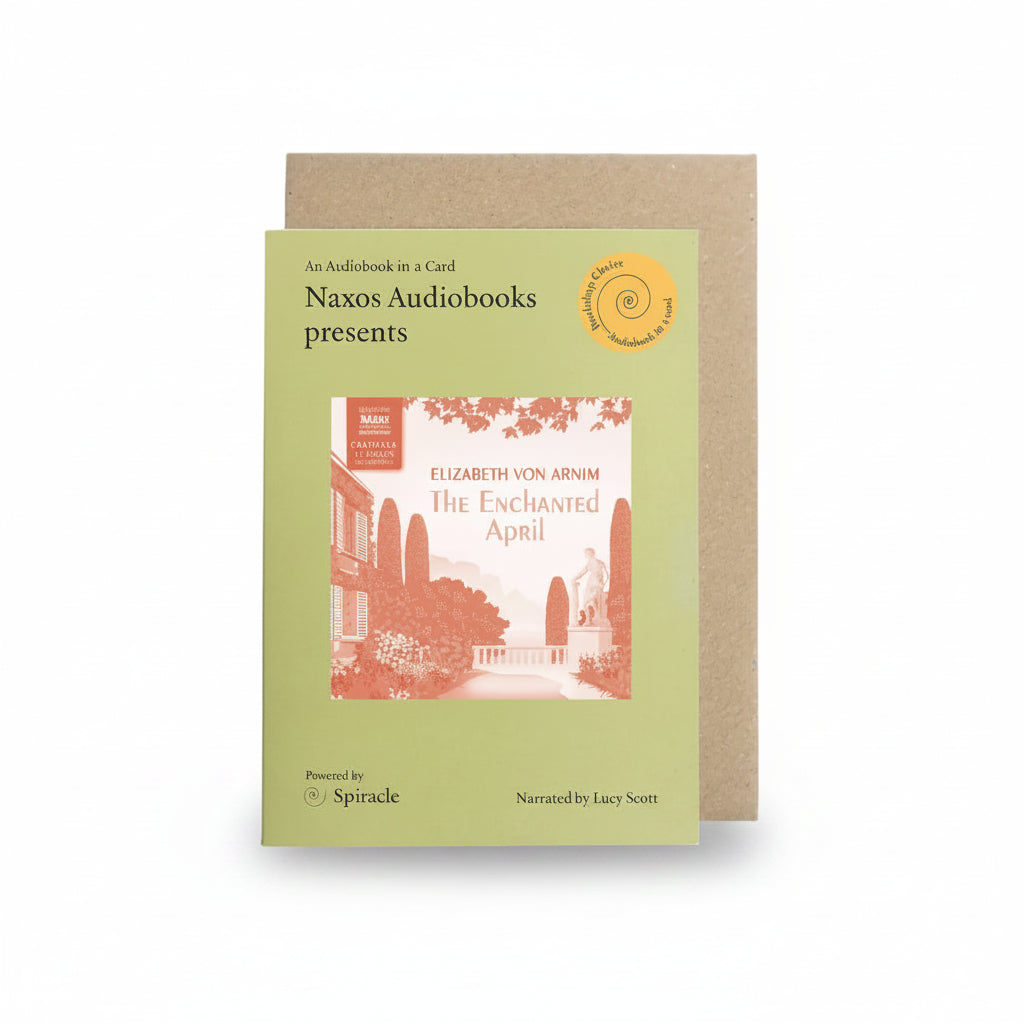 The Enchanted April Audiobook in a Card, green card showing the book cover and a kraft envelope