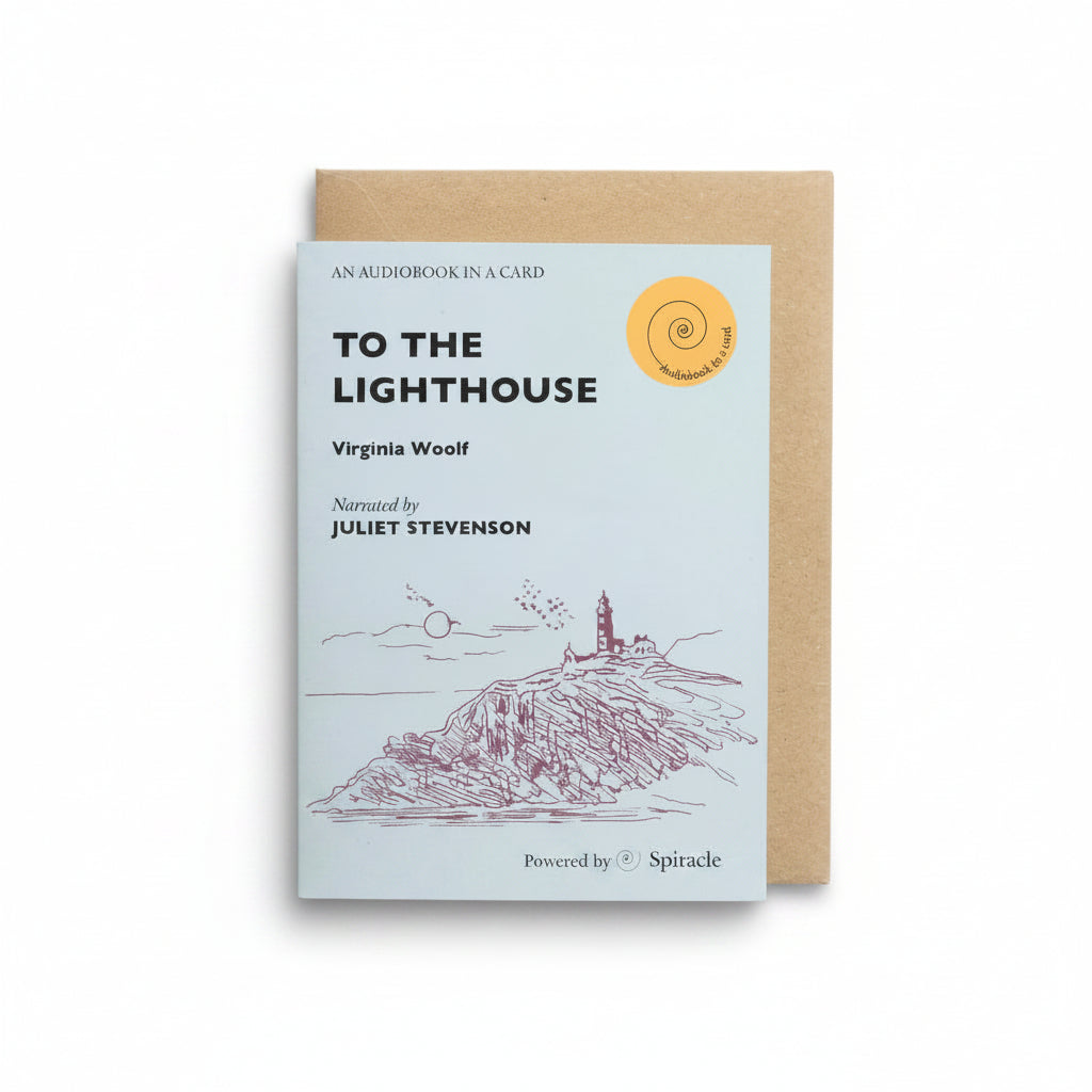 To the Lighthouse Audiobook in a Card, pale blue card with a line drawing of a lighthouse and kraft envelope