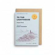 To the Lighthouse Audiobook in a Card, pale blue card with a line drawing of a lighthouse and kraft envelope