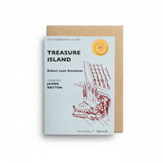 Treasure Island Audiobook in a Card, pale blue card with a line drawing of a sailor and kraft envelope