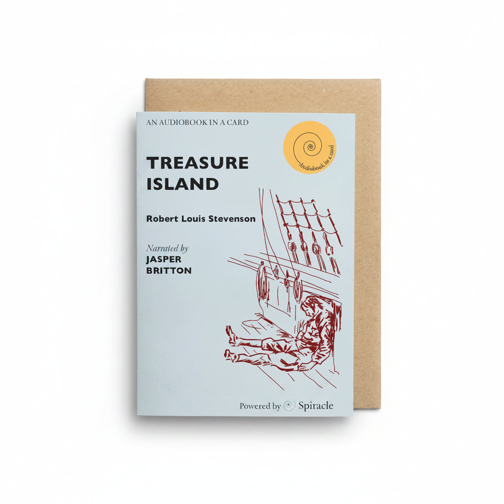Treasure Island Audiobook in a Card, pale blue card with a line drawing of a sailor and kraft envelope