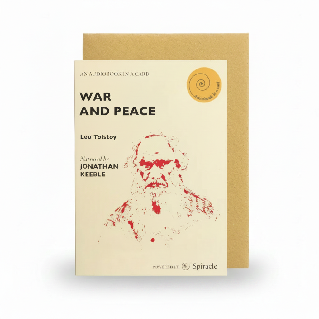 War and Peace Audiobook in a Card, cream card with a red portrait of Tolstoy and kraft envelope