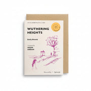 Wuthering Heights Audiobook in a Card, cream card with a pink line drawing of a windswept tree and moorland house