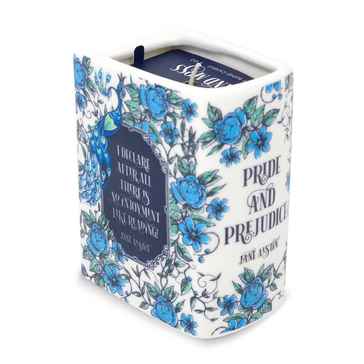 Pride and Prejudice candle showing back cover and spine on black background