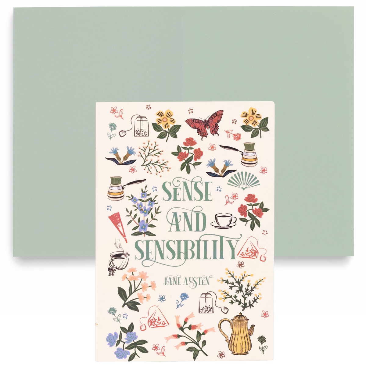 Jane Austen mini notepads styled with a mug, books and dried flowers