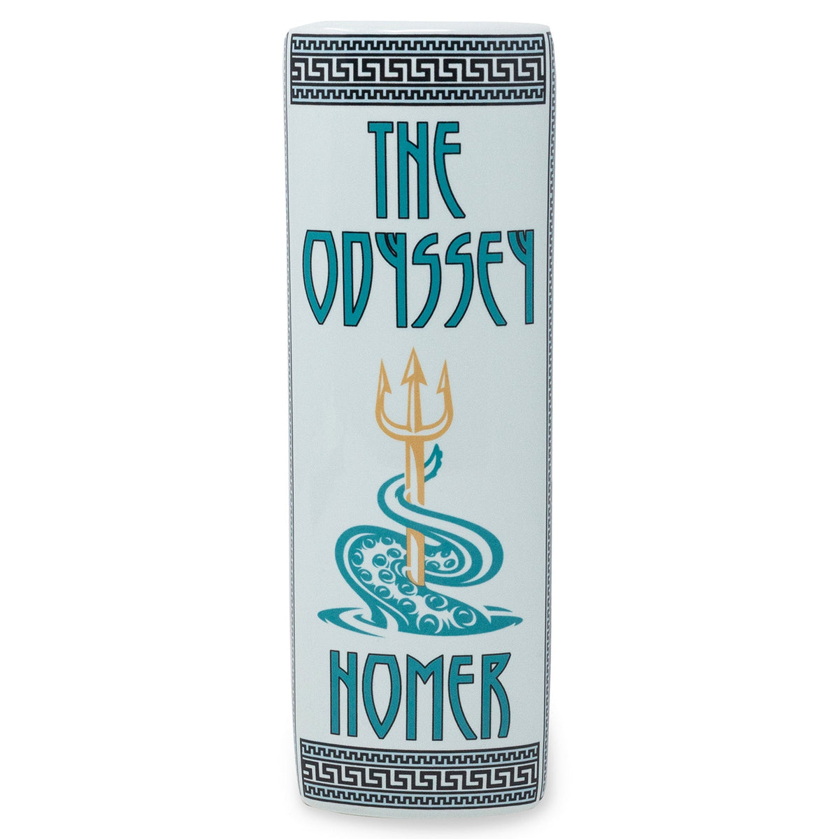 Spine of the Odyssey book vase with Homer trident design, white background