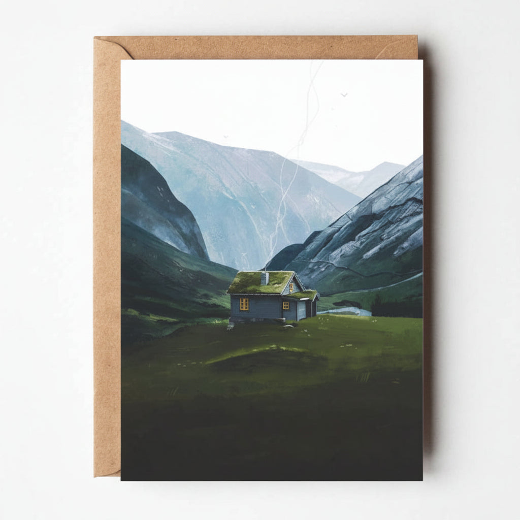 Stryn Sæter greeting card featuring illustrated Nordic cabin in green valley with mountains, paired with kraft envelope.