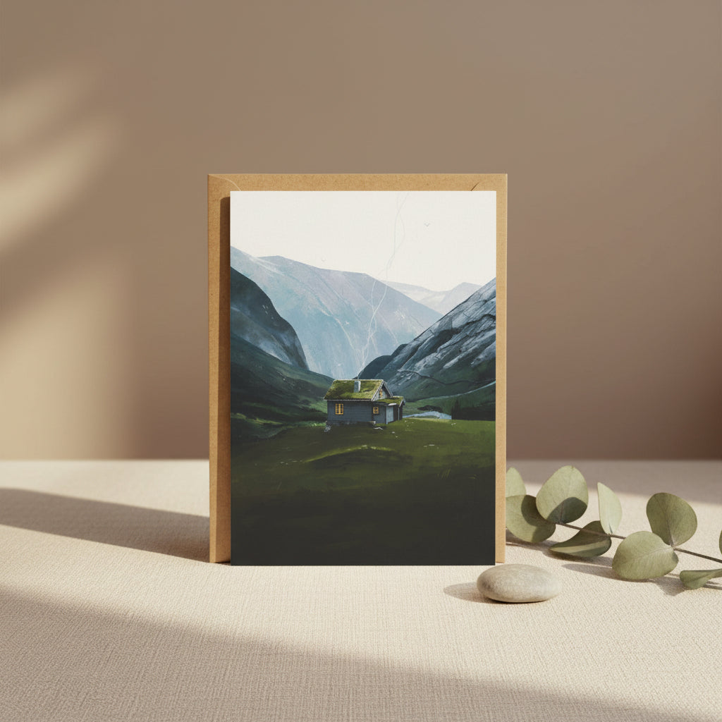 A square art print or greeting card featuring a painted mountain valley scene with a small house, shown with a brown kraft envelope behind it on a light gray background.