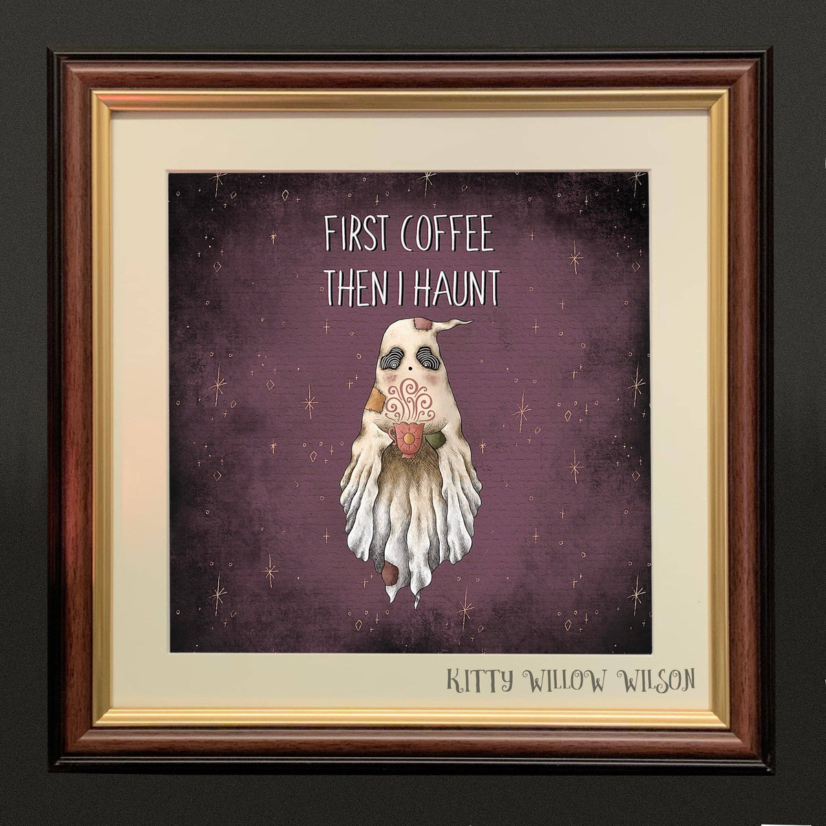 Art print of a ghost holding a coffee cup on a purple starfield, shown framed