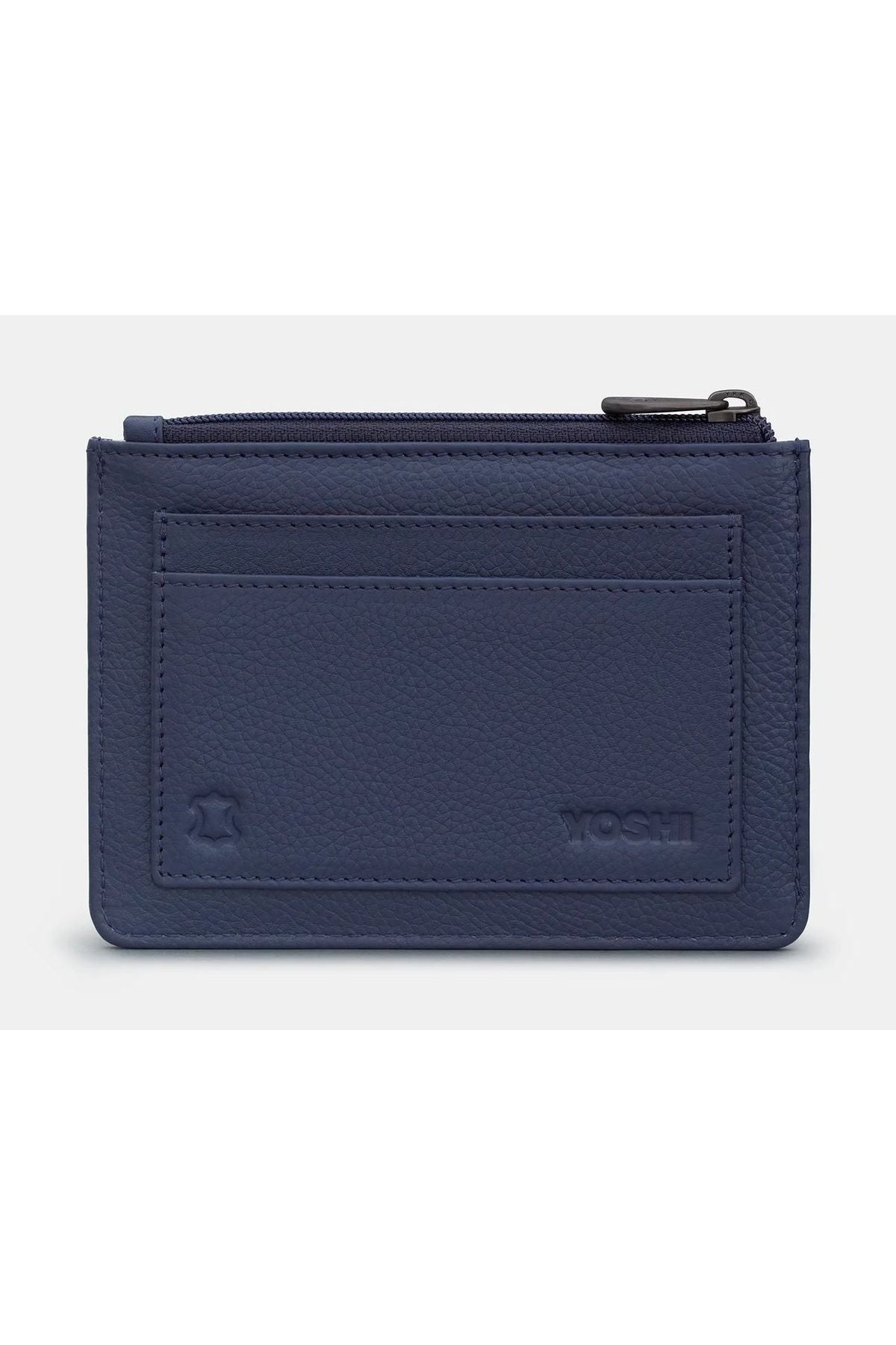 Navy leather zip top purse back view showing outer card slots