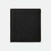 Black leather wallet closed front view with Yoshi logo on grey background