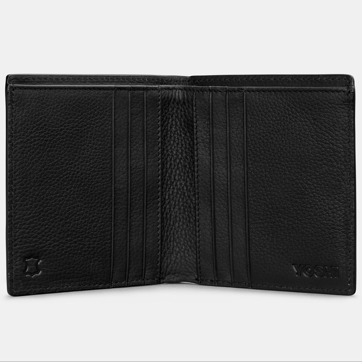 Black leather wallet open flat showing six card slots and Yoshi branding
