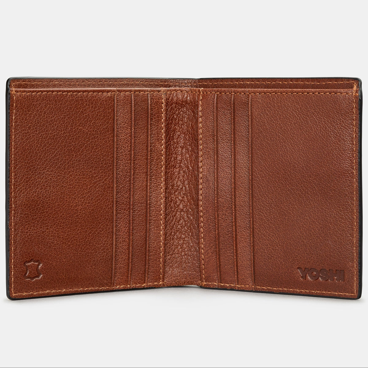 Brown leather wallet open flat showing six card slots and Yoshi branding