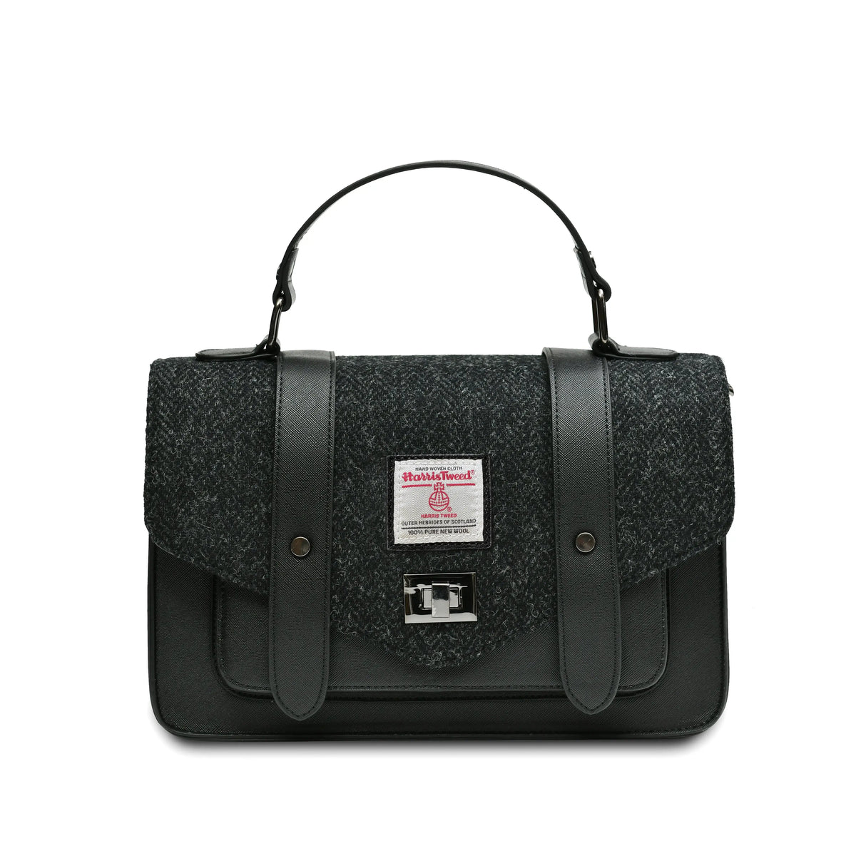 Islander Black Herringbone Harris Tweed satchel style handbag without the shoulder strap.