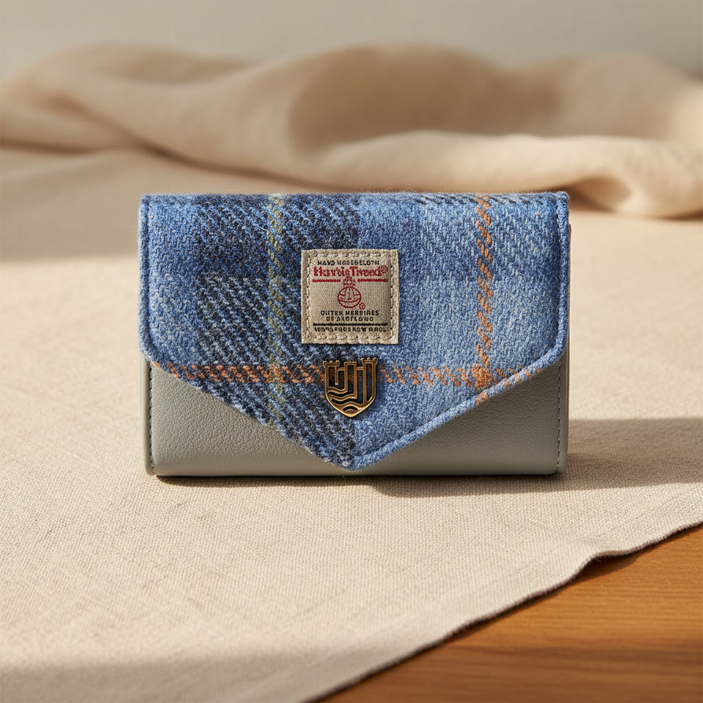 From the front the Islander Blue Tartan Harris Tweed small purse. 